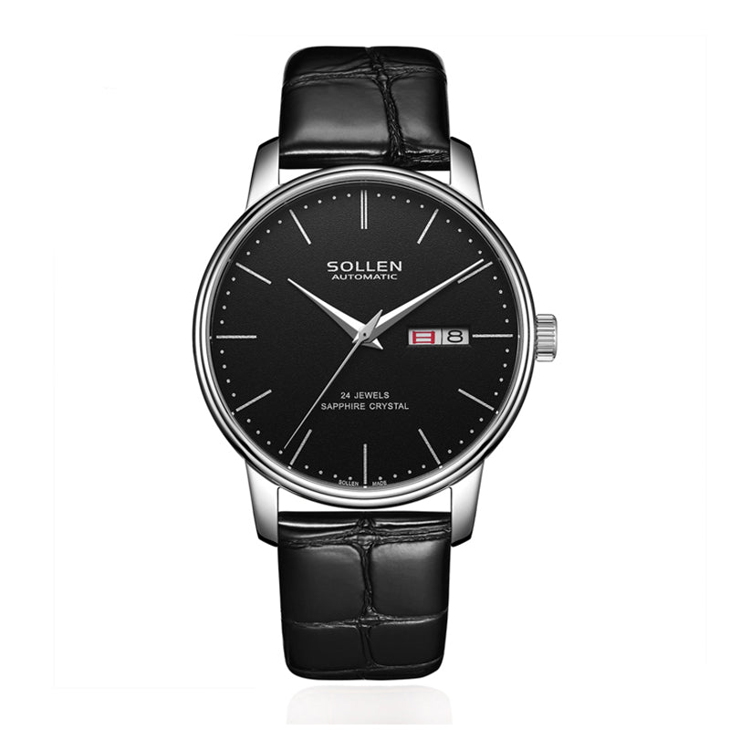 Sollen 9020 Automatic Watch - Men's Dual Calendar Sunray Dial Executive Stainless Steel Bracelet or Genuine Leather Strap Wristwatch