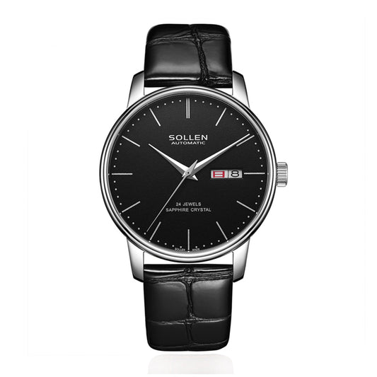 Sollen 9020 Automatic Watch - Men's Dual Calendar Sunray Dial Executive Stainless Steel Bracelet or Genuine Leather Strap Wristwatch