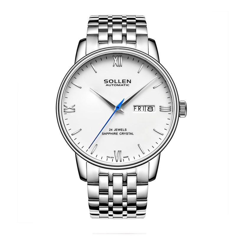 Sollen 9020 Automatic Watch - Men's Dual Calendar Sunray Dial Executive Stainless Steel Bracelet or Genuine Leather Strap Wristwatch