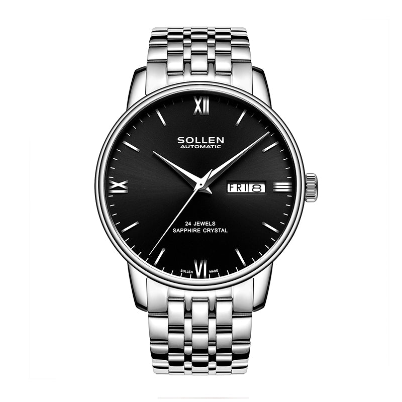 Sollen 9020 Automatic Watch - Men's Dual Calendar Sunray Dial Executive Stainless Steel Bracelet or Genuine Leather Strap Wristwatch