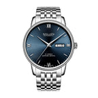 Sollen 9020 Automatic Watch - Men's Dual Calendar Sunray Dial Executive Stainless Steel Bracelet or Genuine Leather Strap Wristwatch