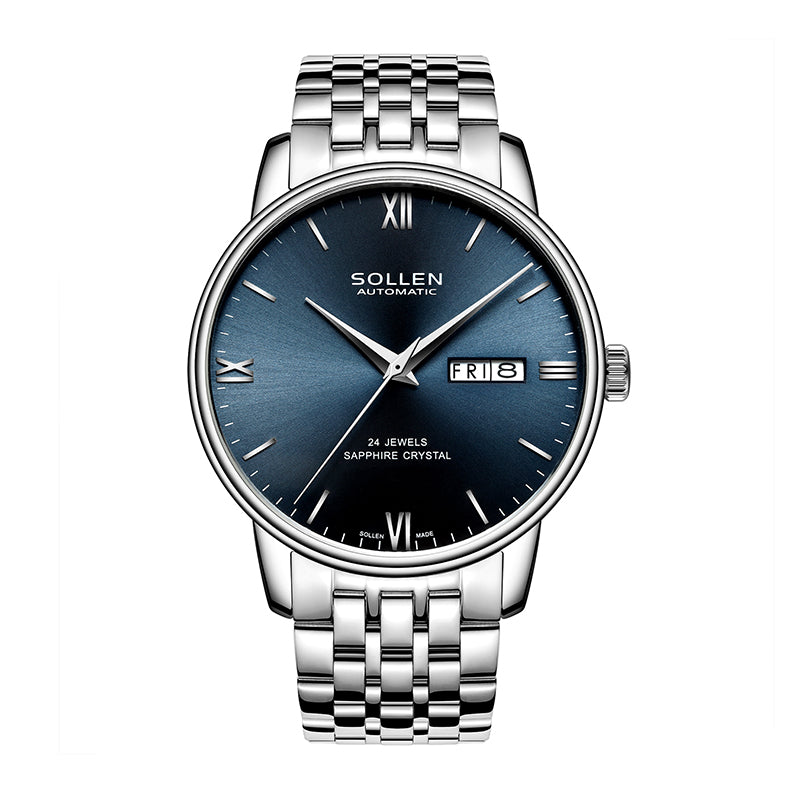 Sollen 9020 Automatic Watch - Men's Dual Calendar Sunray Dial Executive Stainless Steel Bracelet or Genuine Leather Strap Wristwatch