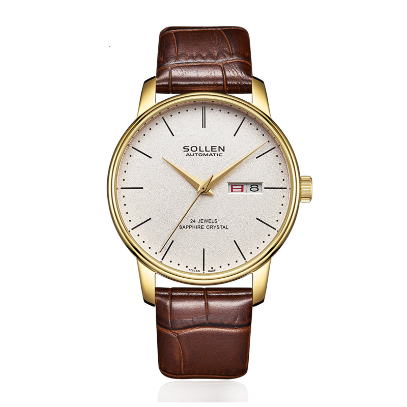 Sollen 9020 Automatic Watch - Men's Dual Calendar Sunray Dial Executive Stainless Steel Bracelet or Genuine Leather Strap Wristwatch