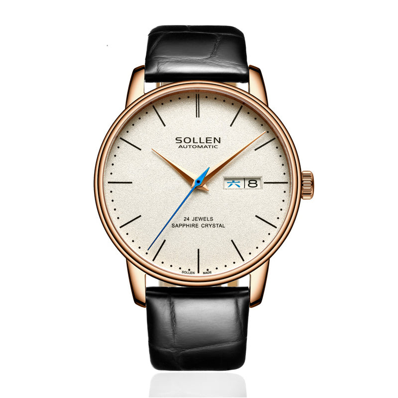 Sollen 9020 Automatic Watch - Men's Dual Calendar Sunray Dial Executive Stainless Steel Bracelet or Genuine Leather Strap Wristwatch