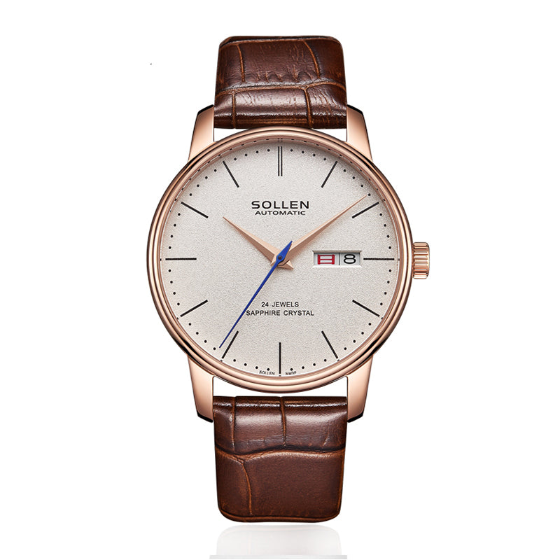 Sollen 9020 Automatic Watch - Men's Dual Calendar Sunray Dial Executive Stainless Steel Bracelet or Genuine Leather Strap Wristwatch