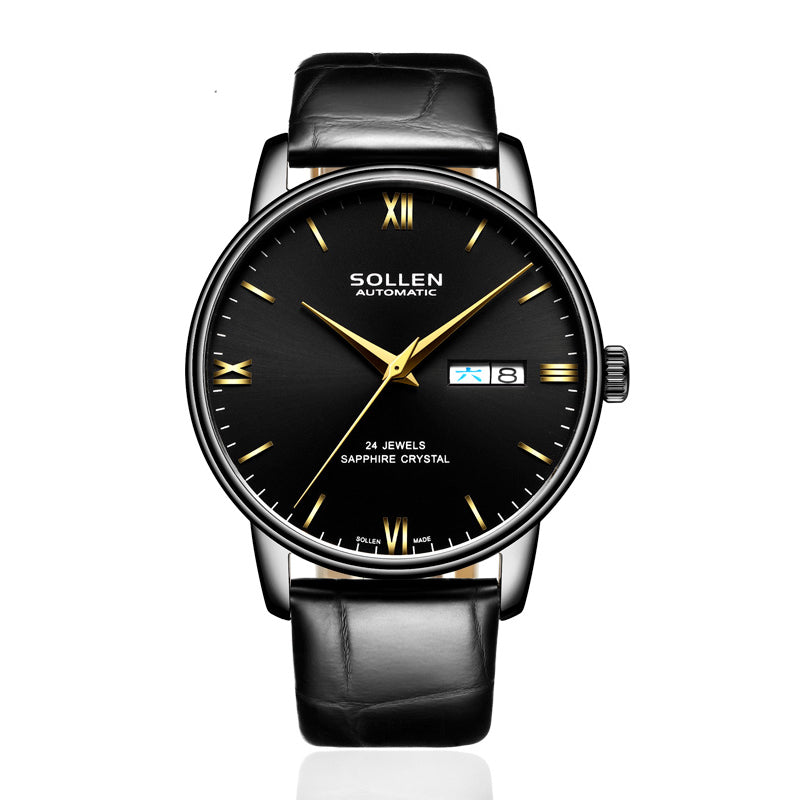 Sollen 9020 Automatic Watch - Men's Dual Calendar Sunray Dial Executive Stainless Steel Bracelet or Genuine Leather Strap Wristwatch