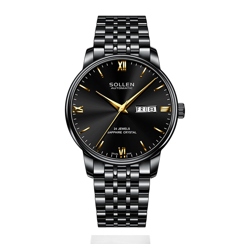 Sollen 9020 Automatic Watch - Men's Dual Calendar Sunray Dial Executive Stainless Steel Bracelet or Genuine Leather Strap Wristwatch
