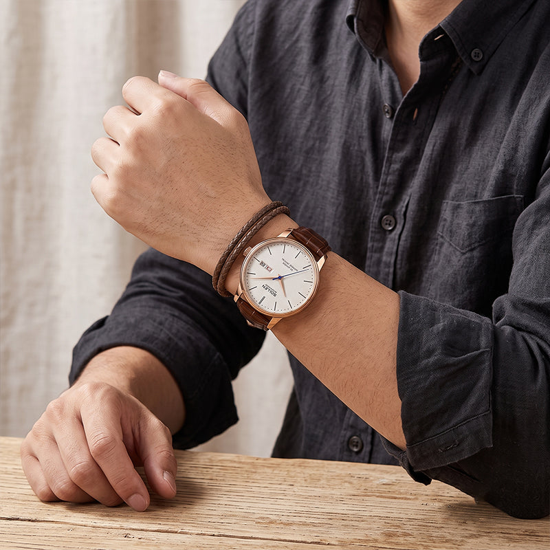 Sollen 9020 Automatic Watch - Men's Dual Calendar Sunray Dial Executive Stainless Steel Bracelet or Genuine Leather Strap Wristwatch