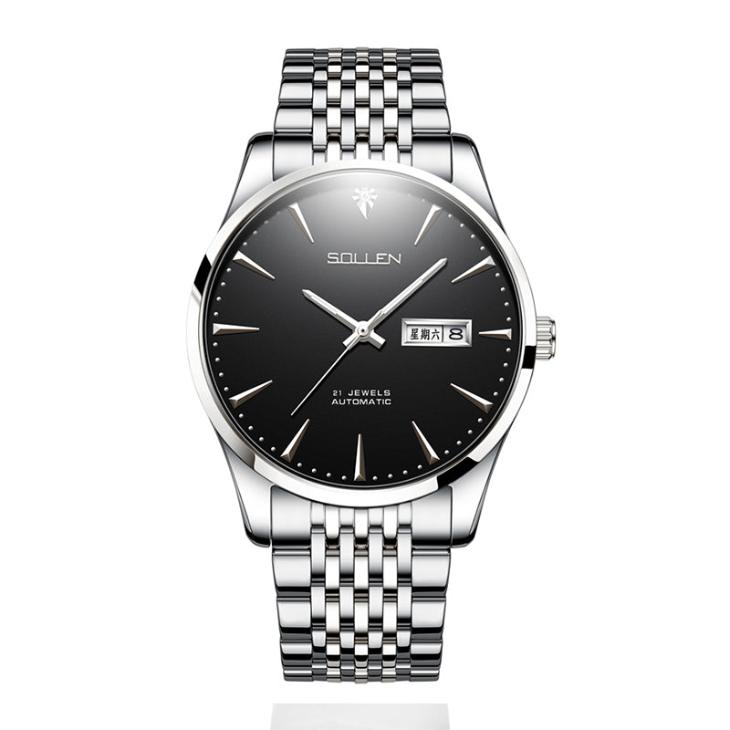 Sollen 9030 Automatic Watch - Men's Diamond-Set Dial Day Date 9-Bead Stainless Steel Bracelet Wristwatch