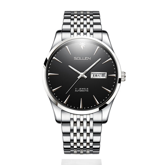 Sollen 9030 Automatic Watch - Men's Diamond-Set Dial Day Date 9-Bead Stainless Steel Bracelet Wristwatch