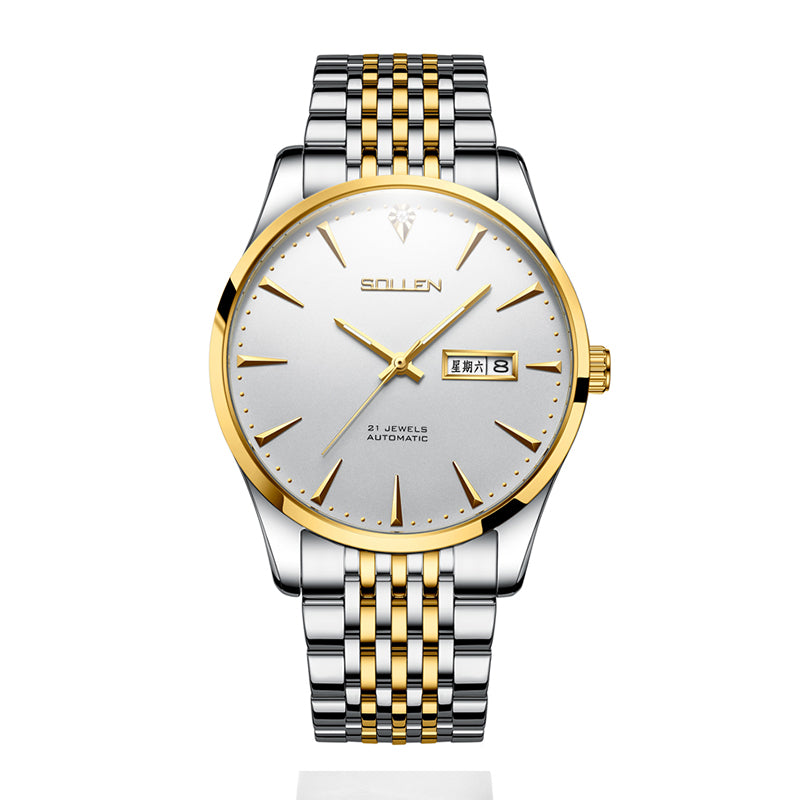 Sollen 9030 Automatic Watch - Men's Diamond-Set Dial Day Date 9-Bead Stainless Steel Bracelet Wristwatch