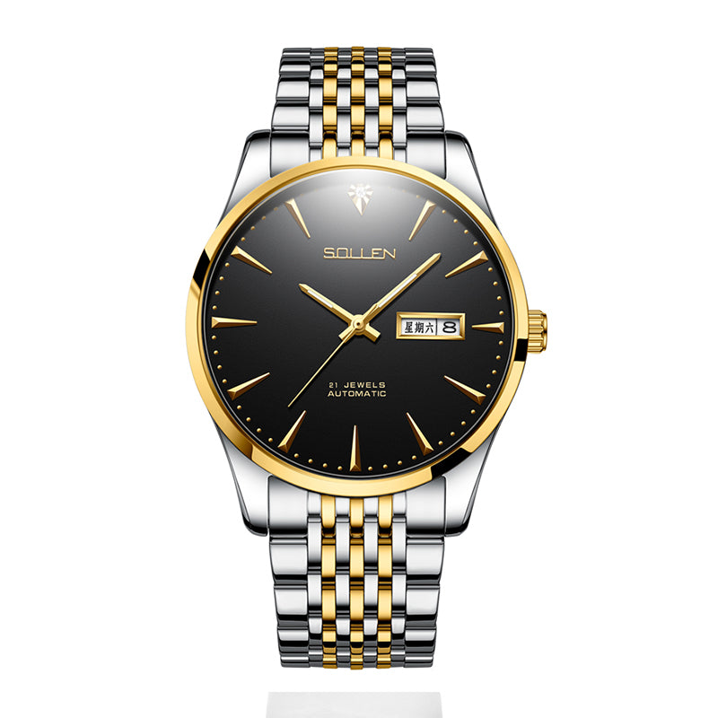 Sollen 9030 Automatic Watch - Men's Diamond-Set Dial Day Date 9-Bead Stainless Steel Bracelet Wristwatch