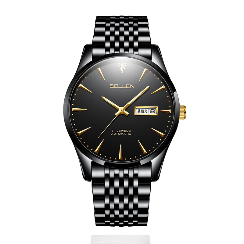 Sollen 9030 Automatic Watch - Men's Diamond-Set Dial Day Date 9-Bead Stainless Steel Bracelet Wristwatch