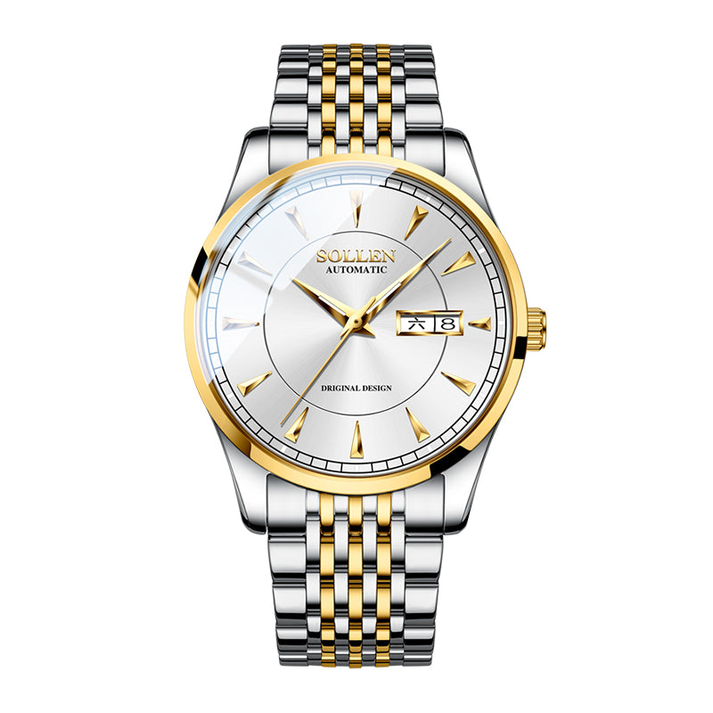 Sollen 9031 Automatic Watch - Men's Sunray Dial Luminous Markers 9-Bead Stainless Steel Bracelet Wristwatch