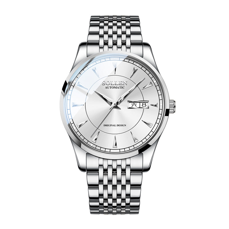 Sollen 9031 Automatic Watch - Men's Sunray Dial Luminous Markers 9-Bead Stainless Steel Bracelet Wristwatch