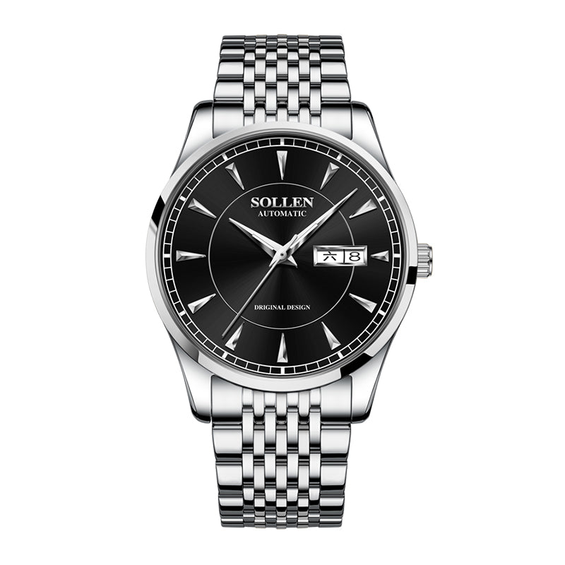 Sollen 9031 Automatic Watch - Men's Sunray Dial Luminous Markers 9-Bead Stainless Steel Bracelet Wristwatch