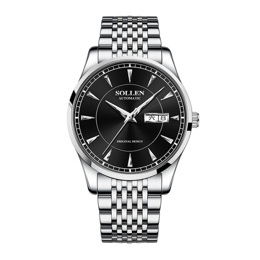 Sollen 9031 Automatic Watch - Men's Sunray Dial Luminous Markers 9-Bead Stainless Steel Bracelet Wristwatch