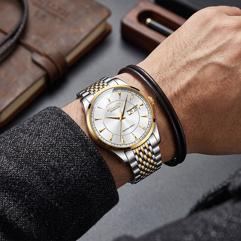Sollen 9031 Automatic Watch - Men's Sunray Dial Luminous Markers 9-Bead Stainless Steel Bracelet Wristwatch