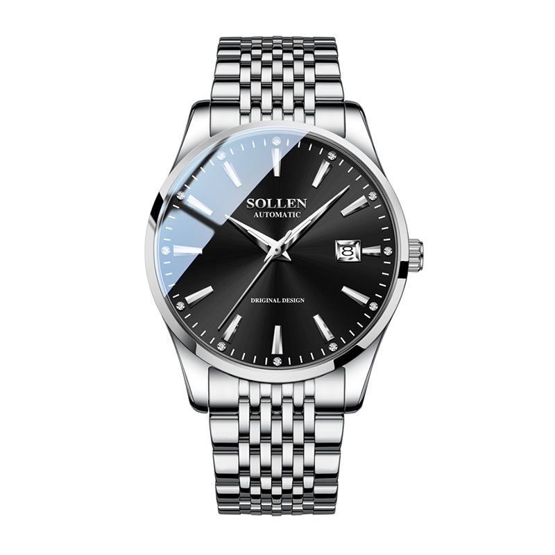Sollen 9032 Automatic Watch - Men's Sunray Dial Luminous Dot Markers 9-Bead Stainless Steel Bracelet Wristwatch