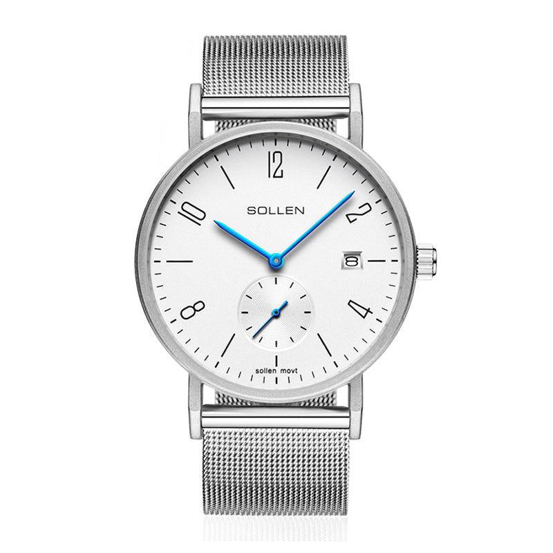 Sollen 9045 Quartz Watch - Men's Small Seconds Sunray Dial Ultra-Thin Stainless Steel Mesh Strap Wristwatch