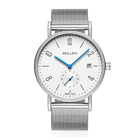 Sollen 9045 Quartz Watch - Men's Small Seconds Sunray Dial Ultra-Thin Stainless Steel Mesh Strap Wristwatch