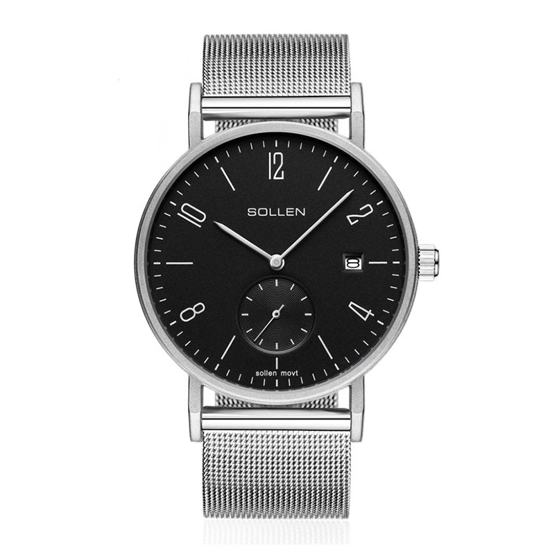 Sollen 9045 Quartz Watch - Men's Small Seconds Sunray Dial Ultra-Thin Stainless Steel Mesh Strap Wristwatch