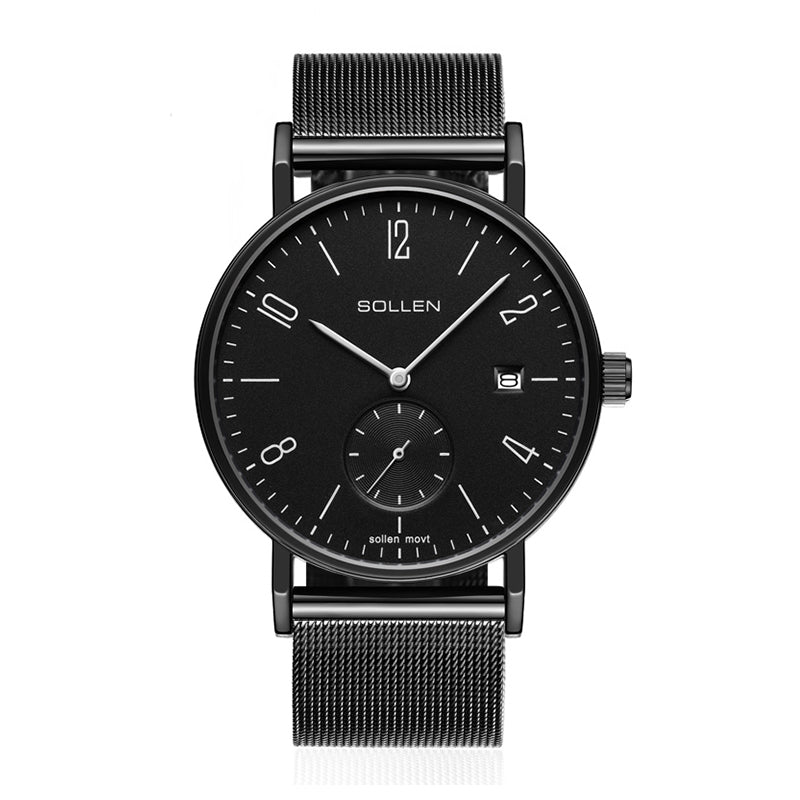 Sollen 9045 Quartz Watch - Men's Small Seconds Sunray Dial Ultra-Thin Stainless Steel Mesh Strap Wristwatch