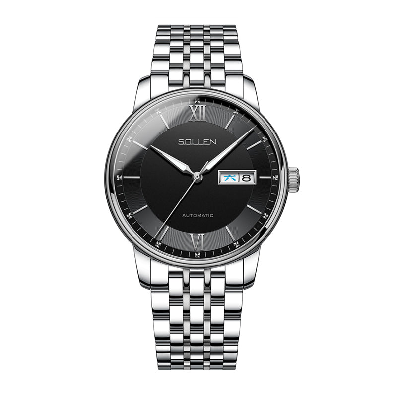 Sollen 9050 Automatic Watch - Men's Dual Calendar Sunray Dial 9-Bead Stainless Steel Bracelet Wristwatch