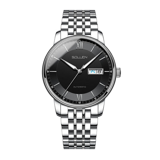 Sollen 9050 Automatic Watch - Men's Dual Calendar Sunray Dial 9-Bead Stainless Steel Bracelet Wristwatch