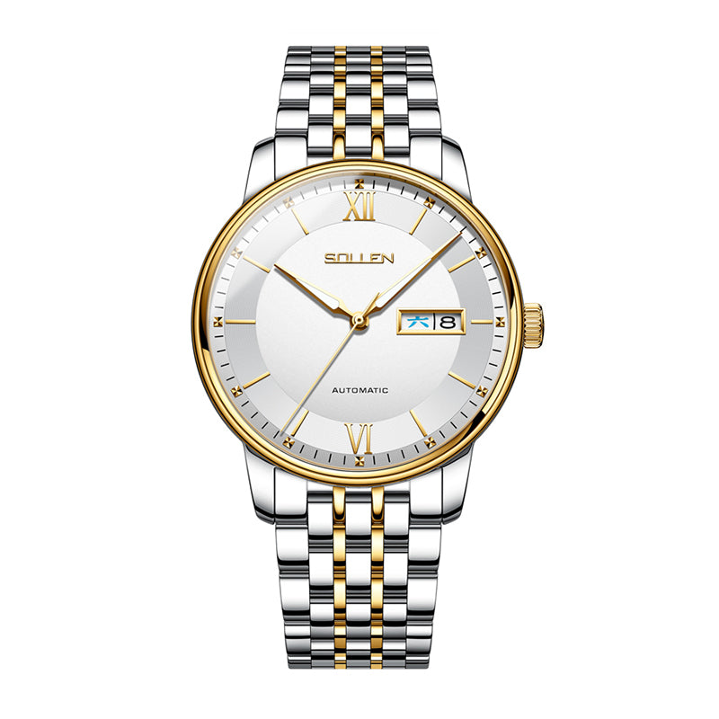 Sollen 9050 Automatic Watch - Men's Dual Calendar Sunray Dial 9-Bead Stainless Steel Bracelet Wristwatch