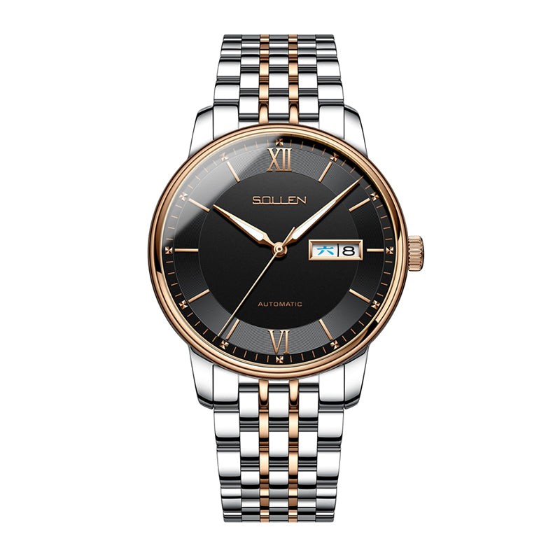 Sollen 9050 Automatic Watch - Men's Dual Calendar Sunray Dial 9-Bead Stainless Steel Bracelet Wristwatch