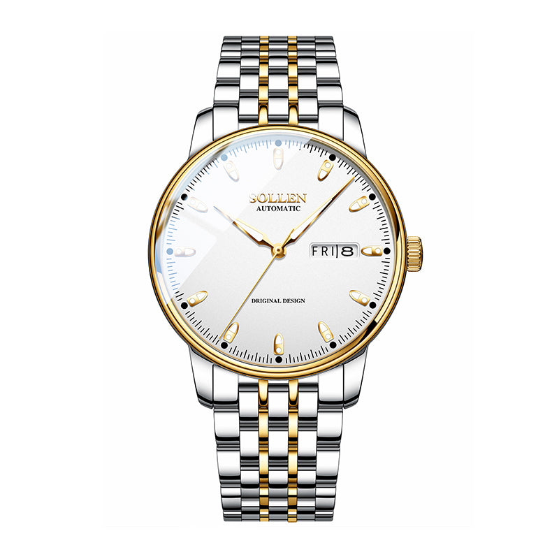 Sollen 9051 Automatic Watch - Men's Full Day Date Sunray Dial 7-Bead Stainless Steel Bracelet Wristwatch