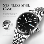 Sollen 9051 Automatic Watch - Men's Full Day Date Sunray Dial 7-Bead Stainless Steel Bracelet Wristwatch