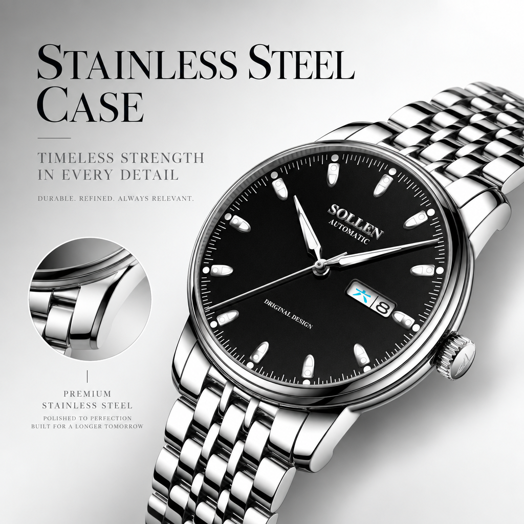 Sollen 9051 Automatic Watch - Men's Full Day Date Sunray Dial 7-Bead Stainless Steel Bracelet Wristwatch