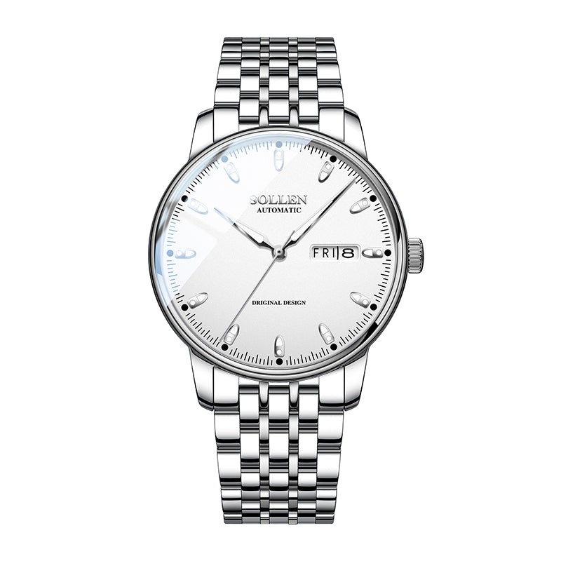 Sollen 9051 Automatic Watch - Men's Full Day Date Sunray Dial 7-Bead Stainless Steel Bracelet Wristwatch