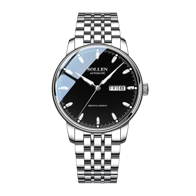 Sollen 9051 Automatic Watch - Men's Full Day Date Sunray Dial 7-Bead Stainless Steel Bracelet Wristwatch