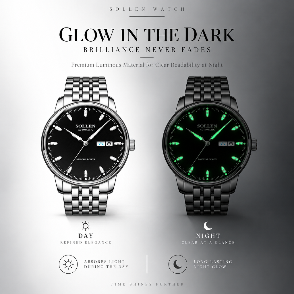 Sollen 9051 Automatic Watch - Men's Full Day Date Sunray Dial 7-Bead Stainless Steel Bracelet Wristwatch