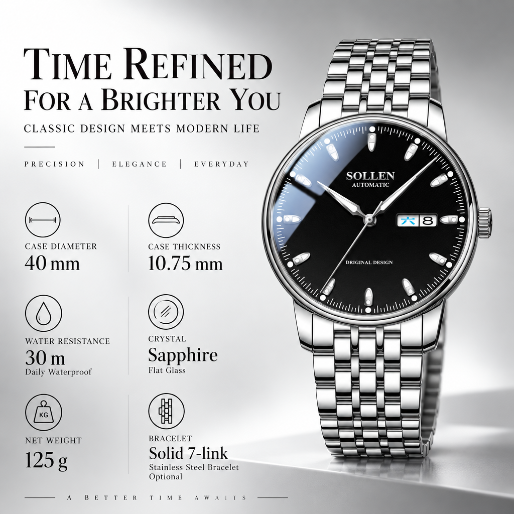 Sollen 9051 Automatic Watch - Men's Full Day Date Sunray Dial 7-Bead Stainless Steel Bracelet Wristwatch