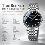 Sollen 9051 Automatic Watch - Men's Full Day Date Sunray Dial 7-Bead Stainless Steel Bracelet Wristwatch