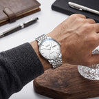 Sollen 9051 Automatic Watch - Men's Full Day Date Sunray Dial 7-Bead Stainless Steel Bracelet Wristwatch
