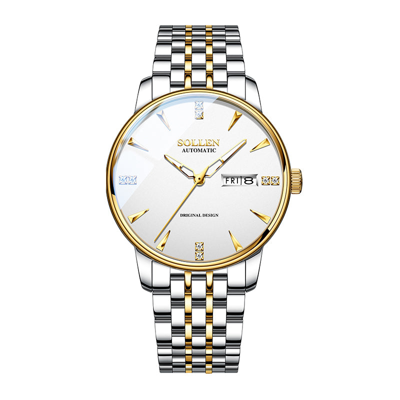 Sollen 9052 Automatic Watch - Men's Dress 8 Crystal Accent 8 Faceted Marker 7-Bead Stainless Steel Bracelet Wristwatch