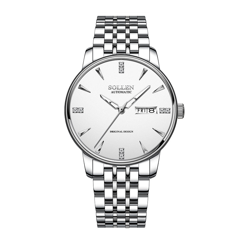 Sollen 9052 Automatic Watch - Men's Dress 8 Crystal Accent 8 Faceted Marker 7-Bead Stainless Steel Bracelet Wristwatch