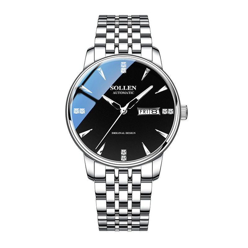 Sollen 9052 Automatic Watch - Men's Dress 8 Crystal Accent 8 Faceted Marker 7-Bead Stainless Steel Bracelet Wristwatch