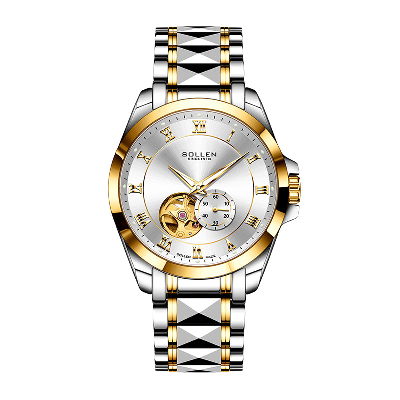 Sollen 9060 Automatic Watch - Men's Executive Open-Heart Flywheel Small Seconds 7-Bead Stainless Steel Bracelet Wristwatch