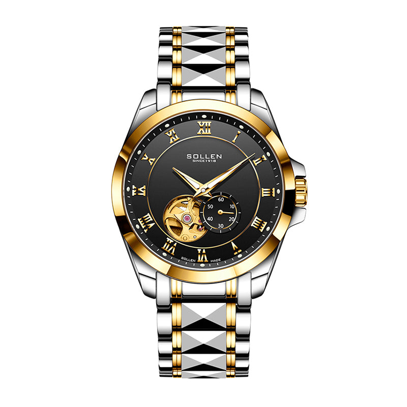 Sollen 9060 Automatic Watch - Men's Executive Open-Heart Flywheel Small Seconds 7-Bead Stainless Steel Bracelet Wristwatch