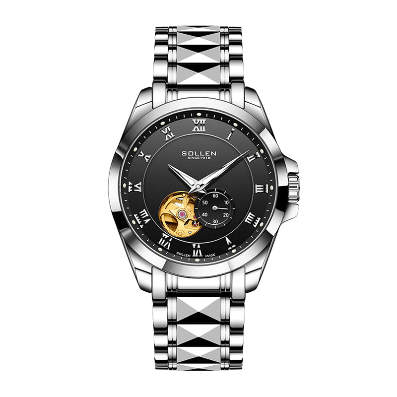 Sollen 9060 Automatic Watch - Men's Executive Open-Heart Flywheel Small Seconds 7-Bead Stainless Steel Bracelet Wristwatch