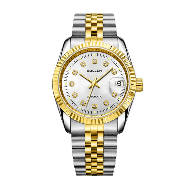 Sollen 9061 Automatic Watch - Men's Classic 36mm Fluted Bezel Cyclops Date 5-Bead Stainless Steel Bracelet Wristwatch