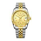 Sollen 9061 Automatic Watch - Men's Classic 36mm Fluted Bezel Cyclops Date 5-Bead Stainless Steel Bracelet Wristwatch