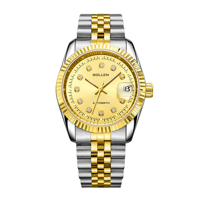 Sollen 9061 Automatic Watch - Men's Classic 36mm Fluted Bezel Cyclops Date 5-Bead Stainless Steel Bracelet Wristwatch