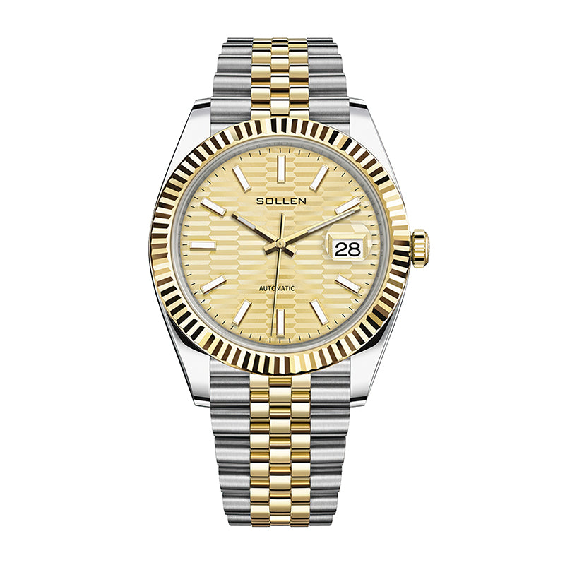 Sollen 9062 Automatic Watch - Men's Classic 36mm Fluted Bezel Cyclops Date 5-Bead Steel Bracelet Wristwatch
